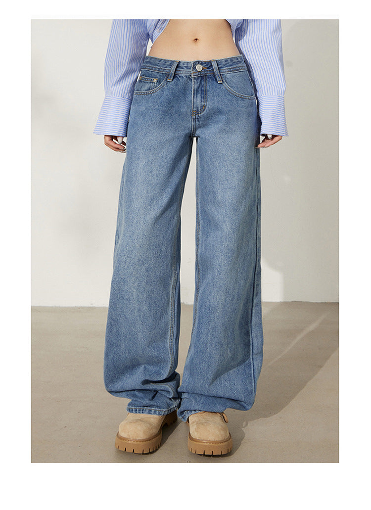 Retro Washed Wide-Leg Jeans for Women, Autumn New Low-Waist Straight Loose Design, Slimming Floor-Length Pants