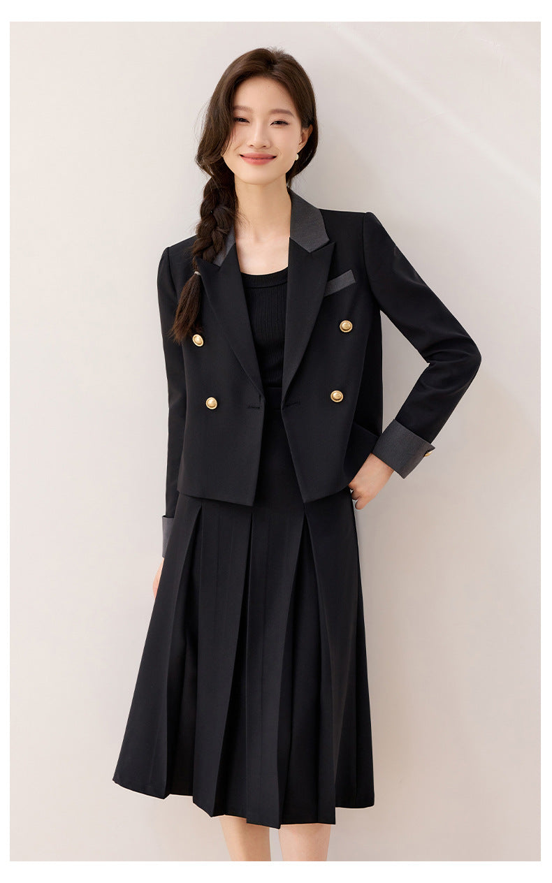 Cross-Border Black Short Blazer for Women, Petite Size, Suitable for College Students, Teacher Qualification Interview, Formal Attire, Elegant Suit with Skirt