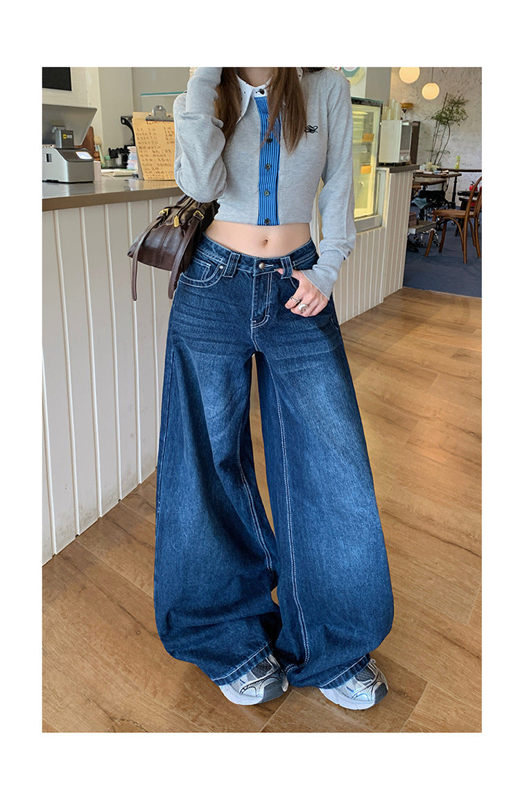 American-Style Dark Blue Wide-Leg Jeans for Women, 2025 Autumn New Straight High-Waisted Loose Slimming Lazy Floor-Length Pants