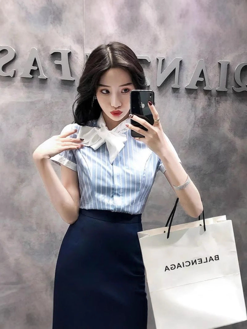 Front Desk Reception Work Wear High-End Business Attire Suit Women's Shirt Flight Attendant Stripesd Bow Business Attire Workwear