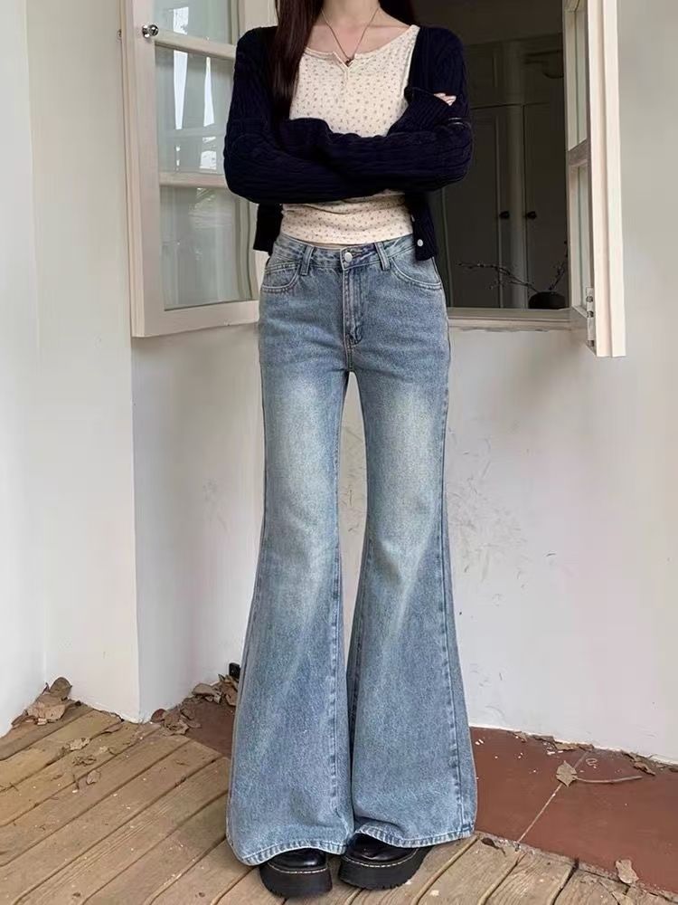 Light Blue Flared Jeans for Women, New Plus Size, Slimming Versatile High-Waisted Wide-Leg Pants with a Stylish Design