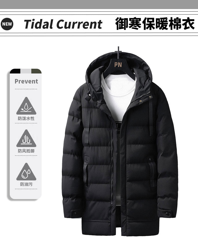 Mid-Length Hooded Cotton Coat for Young Men, Casual Warm Cotton Jacket, Thickened Puffer Jacket for Trendy Men, Winter Cotton Coat, Cross-Border