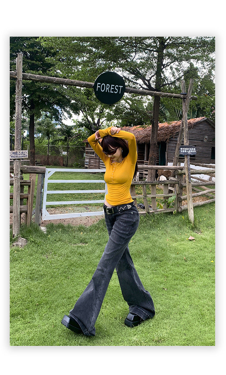 American Style Black and Gray Low-Waist Bootcut Jeans for Women 2025 Autumn and Winter New Sexy Elastic Slimming Look Versatile Bell-Bottom Pants