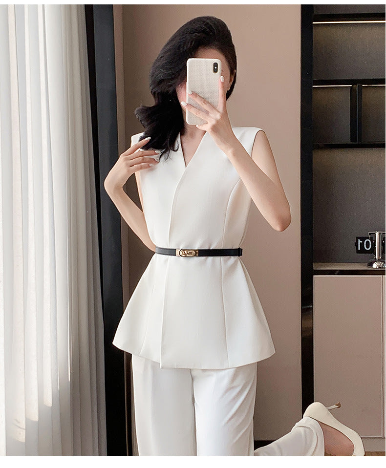 Fashion Casual suit 2025 New High-end Temperament Slimming Waist Sleeveless Jacket Straight Pants Two-piece Set