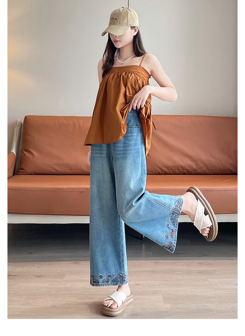 Vintage Embroidered Lace Wide-Leg Jeans for Women 2026 Autumn New Trendy Petite Loose Chinese Style Granny Pants