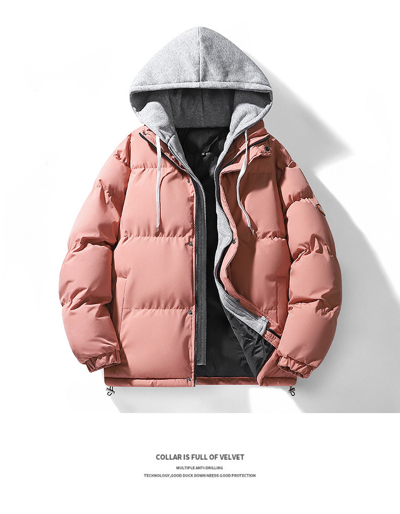 Autumn and Winter New Style Fake Two-Piece Cotton Jacket for Men, High-Quality Puffer Jacket, Couple's Style, Thickened and Warm Hooded Cotton Coat