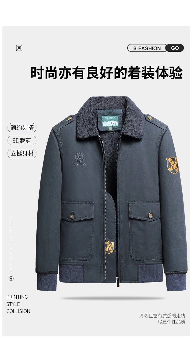 New Lamb Wool Jacket Men's Winter Thickened Wool Collar fleece-lined Overalls Cotton-padded Jacket Men's Jacket Casual Cotton-padded Jacket Aviator