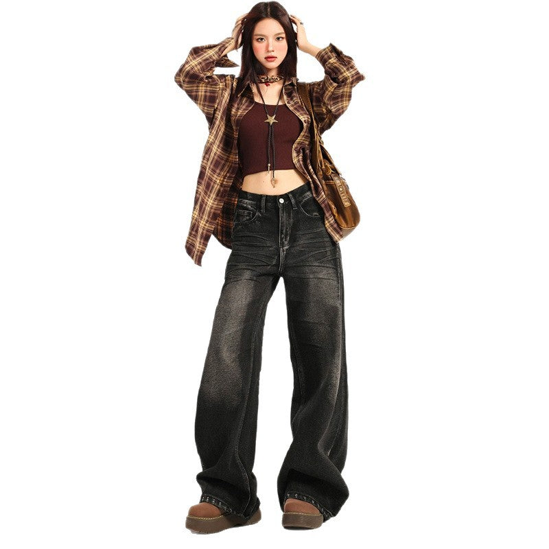 American Large Size Retro Black and Gray Jeans for Women Spring and Autumn New High-Waist Slim Straight Loose Wide-Leg Floor-Length Trousers
