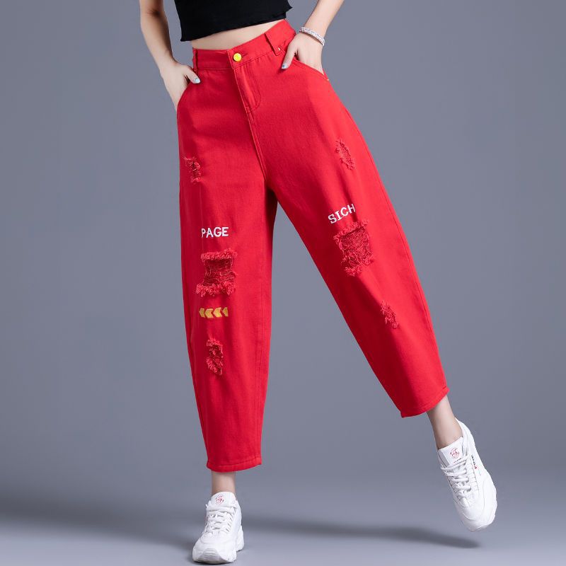 Red Ripped Distressed Jeans for Women, 2026 New Style, High-Waisted Dad Harem Pants, Slimming Carrot Pants for Women