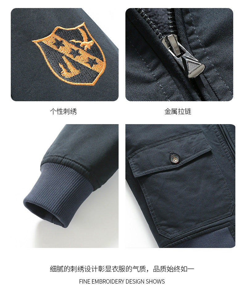 New Lamb Wool Jacket Men's Winter Thickened Wool Collar fleece-lined Overalls Cotton-padded Jacket Men's Jacket Casual Cotton-padded Jacket Aviator