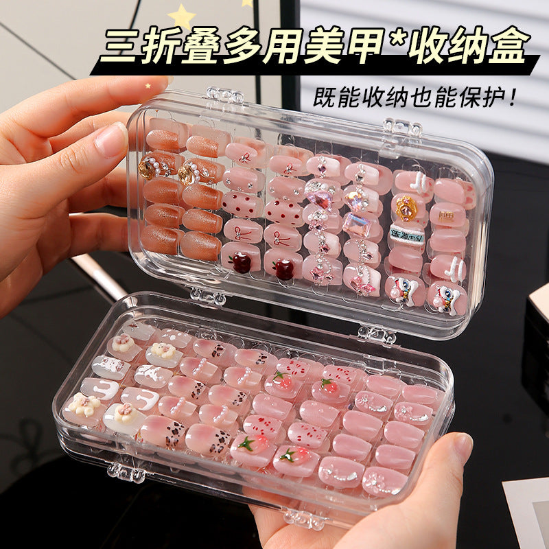 Nail Wearing Nail Storage Box Dustproof Transparent Storage Fit Box Three Folding Cosmetic Table Jewelry Storage Box