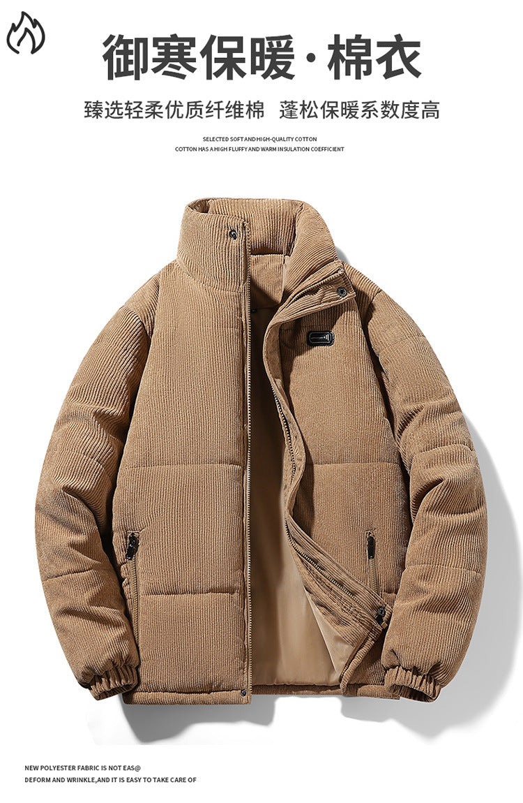 Thickened corduroy cotton-padded jacket for autumn and winter men's warm neck protection stand collar cotton-padded jacket European and American plus size fashionable cotton-padded jacket