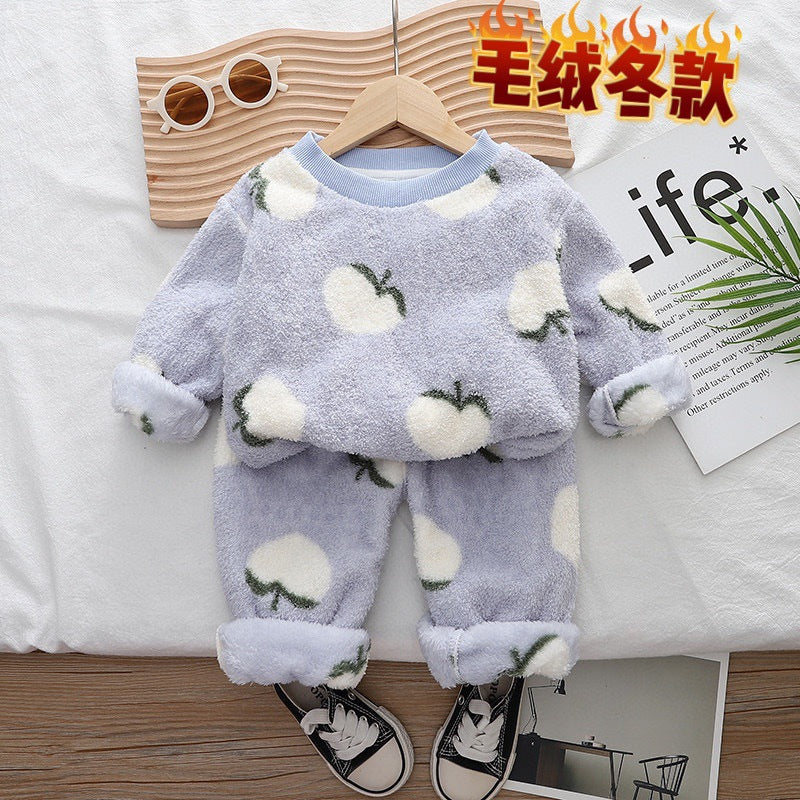 Free Shipping Yukids Kidsren's Autumn and Winter Home Clothes Set for Men and Women Baby Flannel Fruit Warm Two-Piece Set