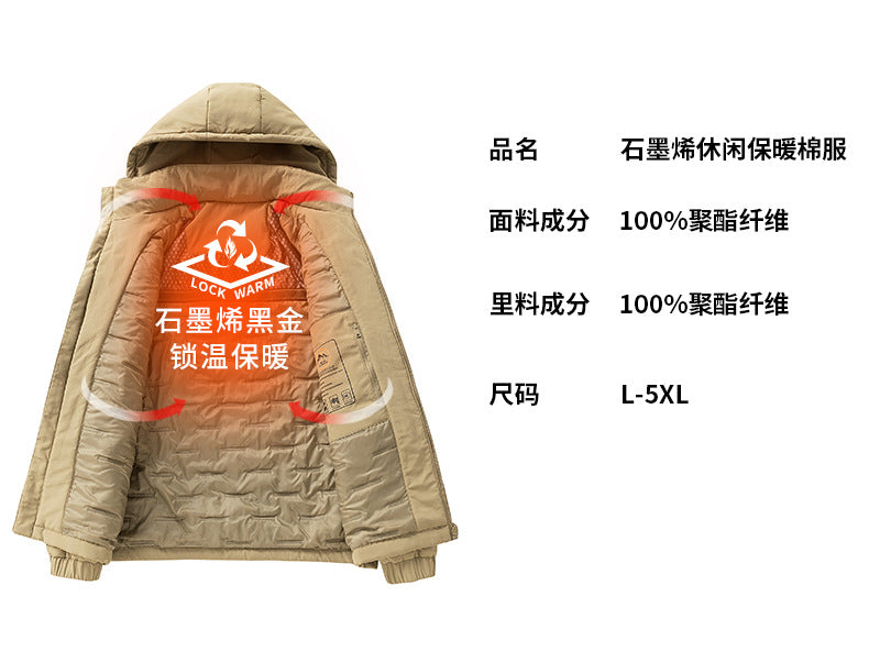 Cross-Border Graphene Cotton Jacket for Men in Autumn and Winter with Detachable Hood, Casual Velvet Thickened Warm Cotton Jacket, Jacket