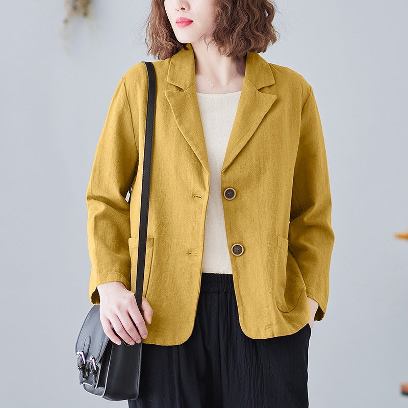 2025 Real Shot of New Cotton and Linen Retro Literary Loose Versatile Casual Long-Sleeved Button-Down Small Suit Short Jacket for Women