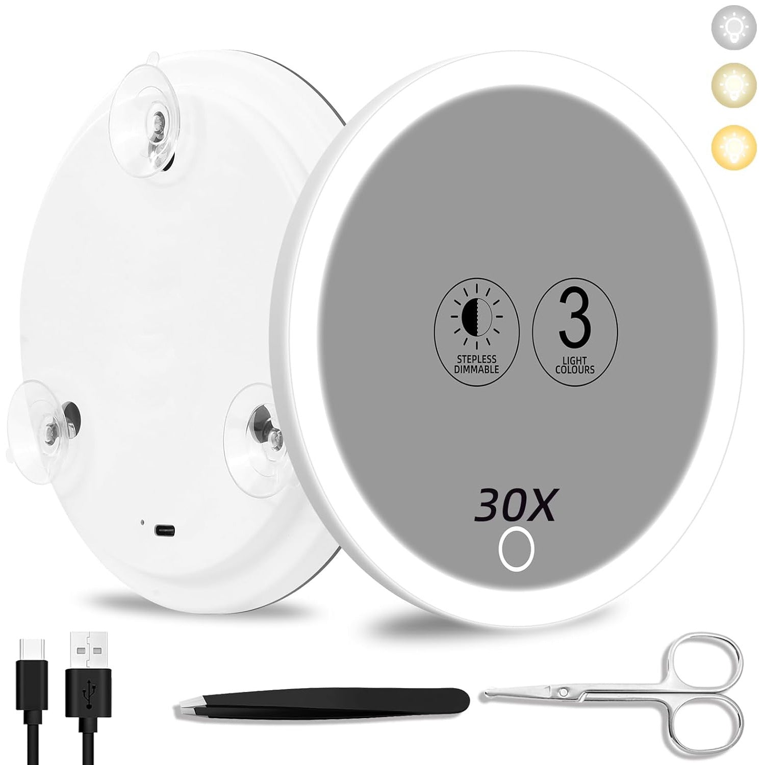 New 30 times magnification makeup mirror charging led light with lamp 360 degree bracket with lamp mirror 3 suction cup 10X20X
