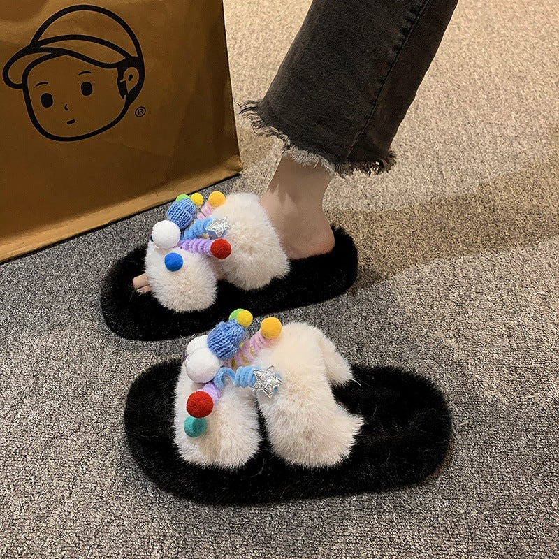 Mao Mao Slippers Women's Outer Wear Autumn and Winter Cute Clown Super Fire Warm Thick Bottom Non-slip Plush Height-increasing Cotton Slippers for Women