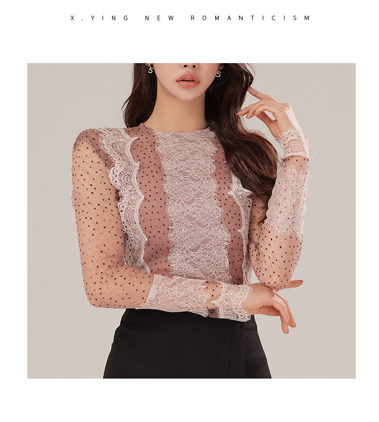 Foreign Trade Women's Clothing 2025 Spring and Summer Round Neck Sexy Polka Dot Mesh Slim Top + High Waist Slim Slit Hip Skirt