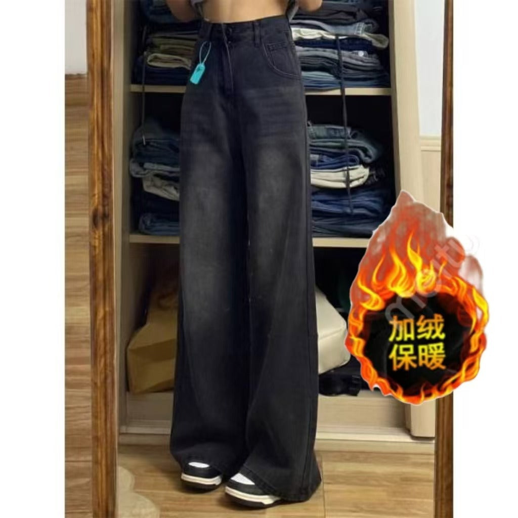 Retro Velvet Jeans for Women in Autumn and Winter New Style High-Waisted Loose Slimming Versatile Black Gray Wide-Leg Straight Pants