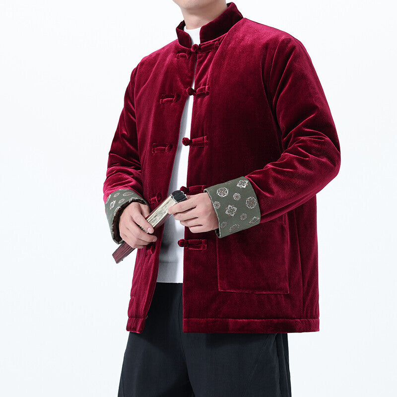 Winter Chinese-Style Tang Suit Jacket for Men, Corduroy Cotton Coat, Retro Thickened Cotton Clothing, Chinese-Style Button Cotton-Padded Jacket, Hanfu