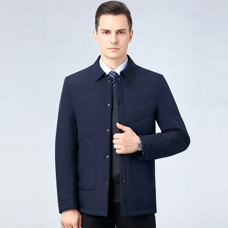 2025 Winter Mulberry Silk Men's Cotton Jacket with Turn-Down Collar, Quilted Middle-Aged Business Casual Cotton Coat for Dad