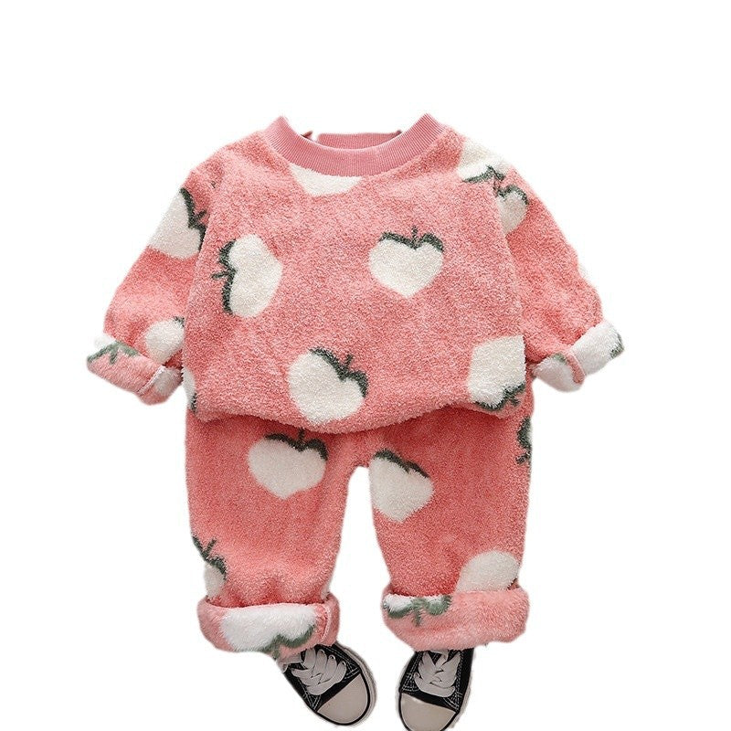 Free Shipping Yukids Kidsren's Autumn and Winter Home Clothes Set for Men and Women Baby Flannel Fruit Warm Two-Piece Set