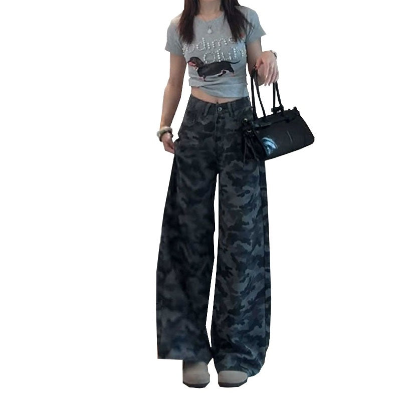 American-Style Plus-Size Camouflage Wide-Leg Jeans for Women, Designed for Petite Pear-Shaped Figures, Loose Casual Straight-Leg Pants