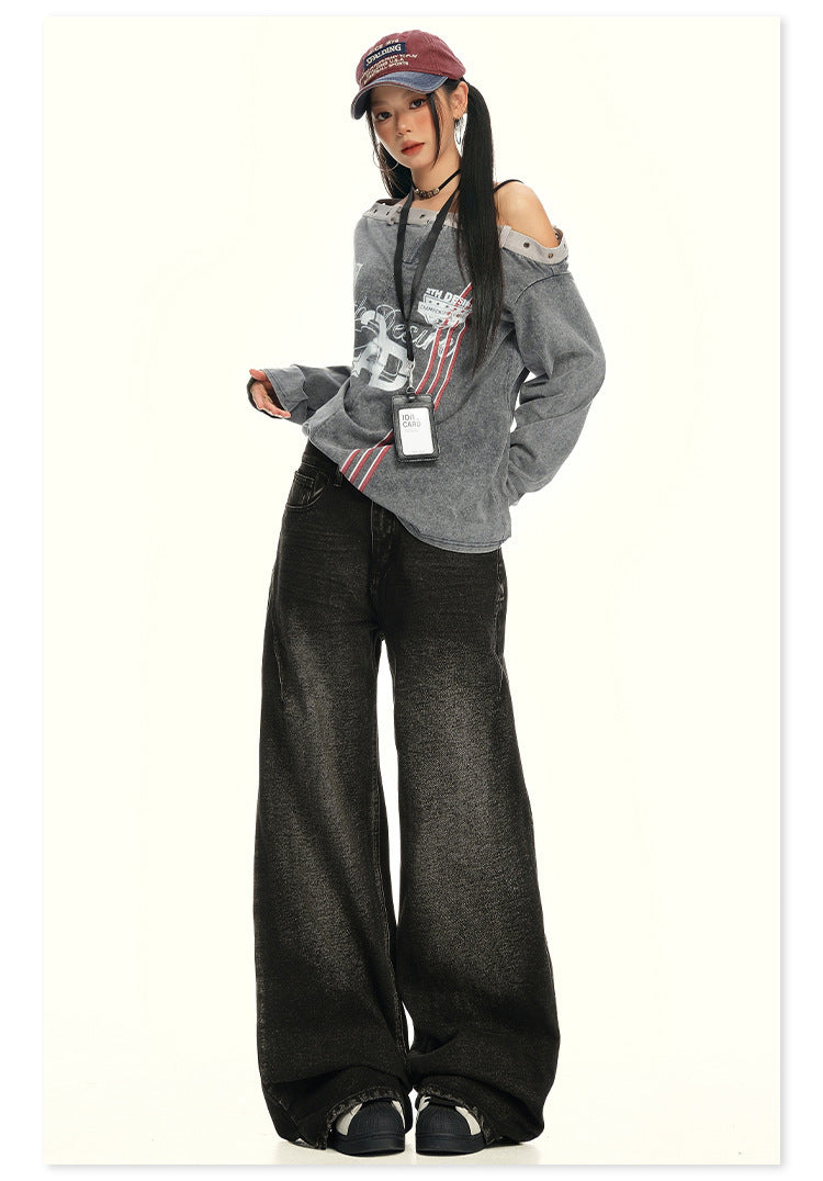 American Retro Wide-Leg Jeans for Women 2025 Early Autumn New Design Distressed Slimming Straight-Leg Floor-Length Pants