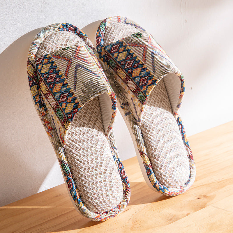 Linen Slippers Women's Spring and Autumn Household Couple's Home Indoor Mute Non-Slip Soft Bottom Four Seasons Cotton and Linen Fabric Slippers for Men