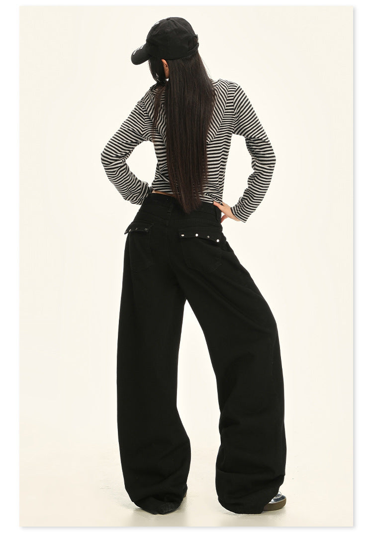 American Retro Pocket Design Black High-Waisted Wide-Leg Pants for Women, New Autumn Loose Drape Slimming Jeans for Women
