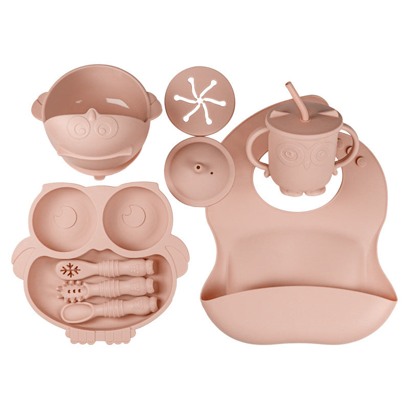 Baby Silicone Tableware Set Full Set Children Owl Dinner Plate Divided Dinner Plate Baby Dinner Plate Supplementary Food Box Dinner Plate
