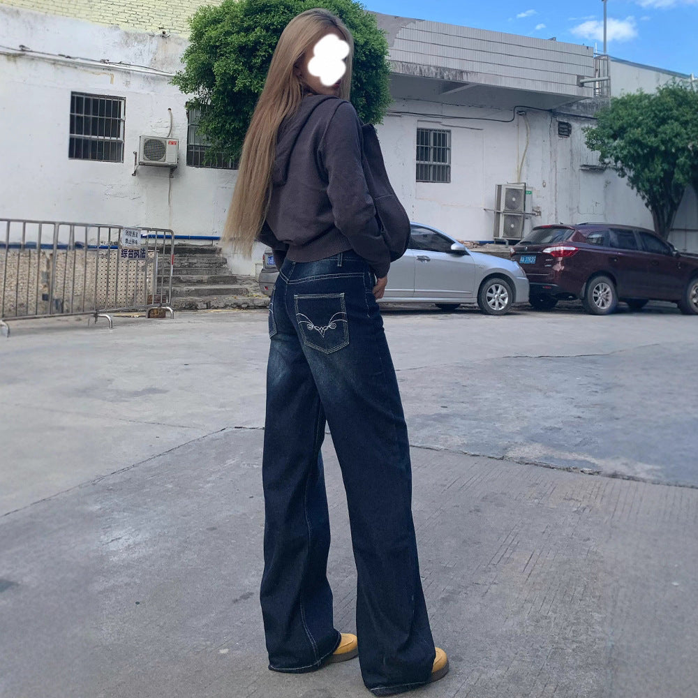 American-Style Embroidered Dark Blue Denim Wide-Leg Pants for Women, New Autumn and Winter Design, Lazy Versatile Casual Drape Straight-Leg Pants