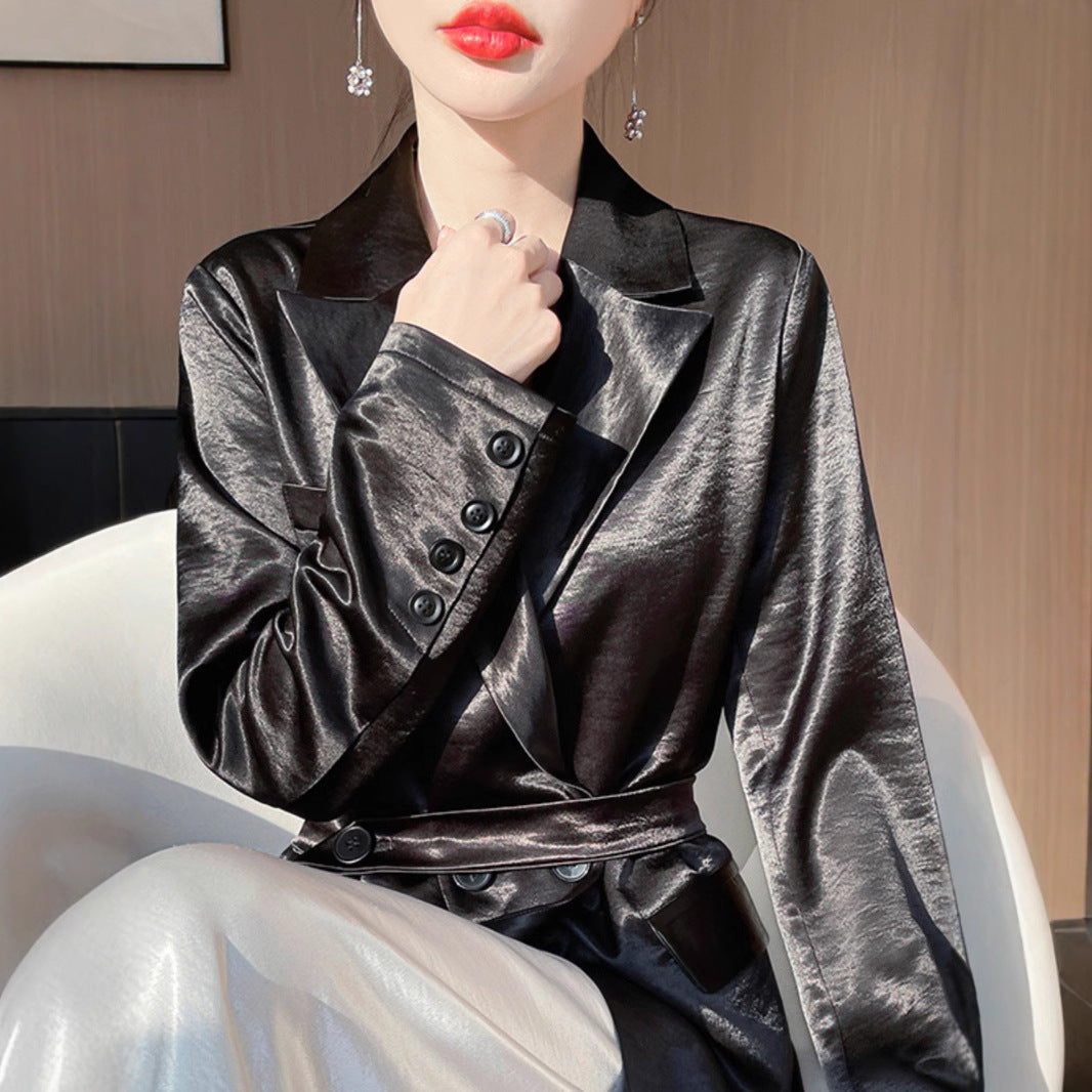 Light Luxury French Style Slimming Women's Coat Belt Satin Suit Women's Loose Elegant Glossy Casual Suit