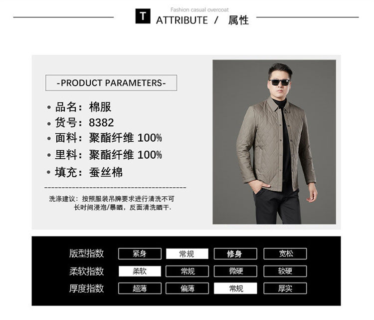 24 Winter Men's Cotton Jacket for Young and Middle-Aged, Casual Trendy Warm Silk Cotton Coat, Casual Outerwear for Men