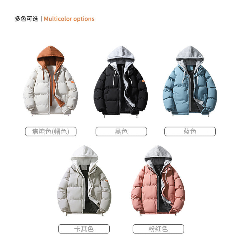 Autumn and Winter New Style Fake Two-Piece Cotton Jacket for Men, High-Quality Puffer Jacket, Couple's Style, Thickened and Warm Hooded Cotton Coat