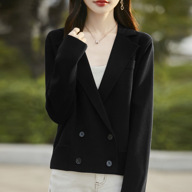 Spring and Autumn Suit Collar Worsted Wool Cardigan Women's Casual Tops Autumn and Winter Cashmere Sweater Top New Style
