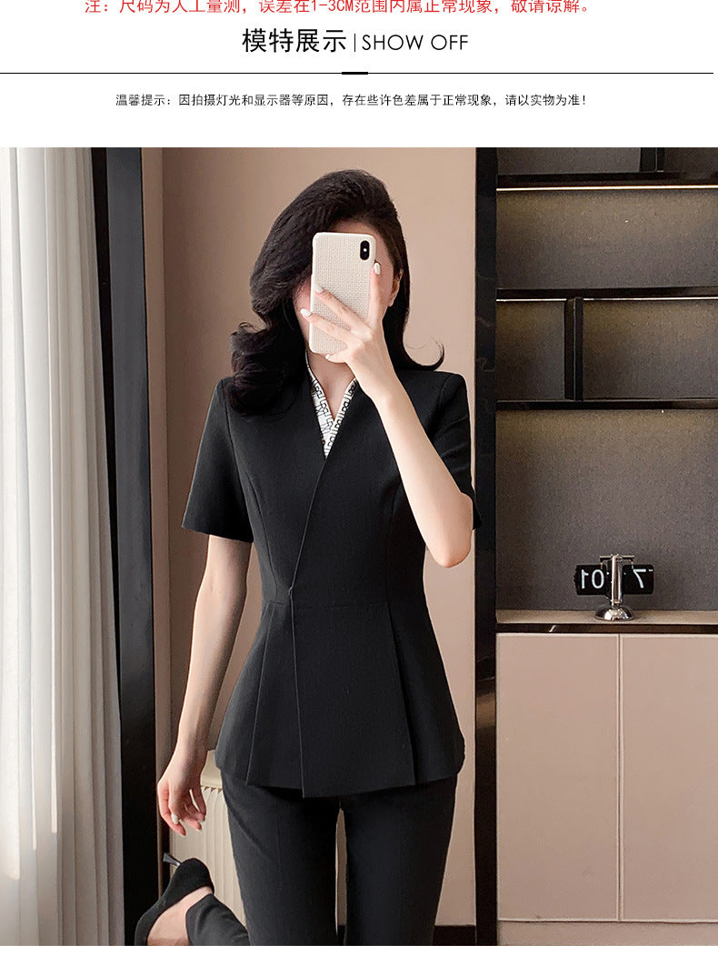 Blue Suit Jacket Women's Spring and Summer Short-sleeved Jewelry Store Front Desk Business Dress Dress Waist Tight Beauty Salon Suit suit