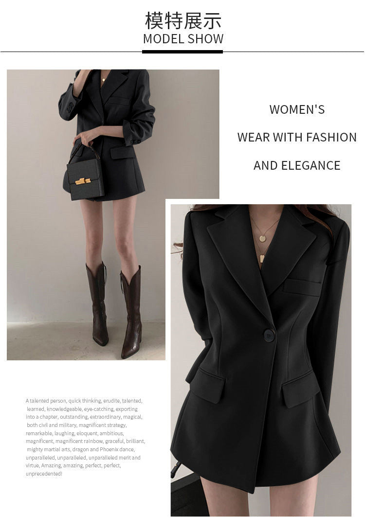 khaki Suit Jacket Women's Spring and Autumn Korean-style Ins Hong Kong-style Retro Top Tight Waist Slimming Mid-length Small Suit