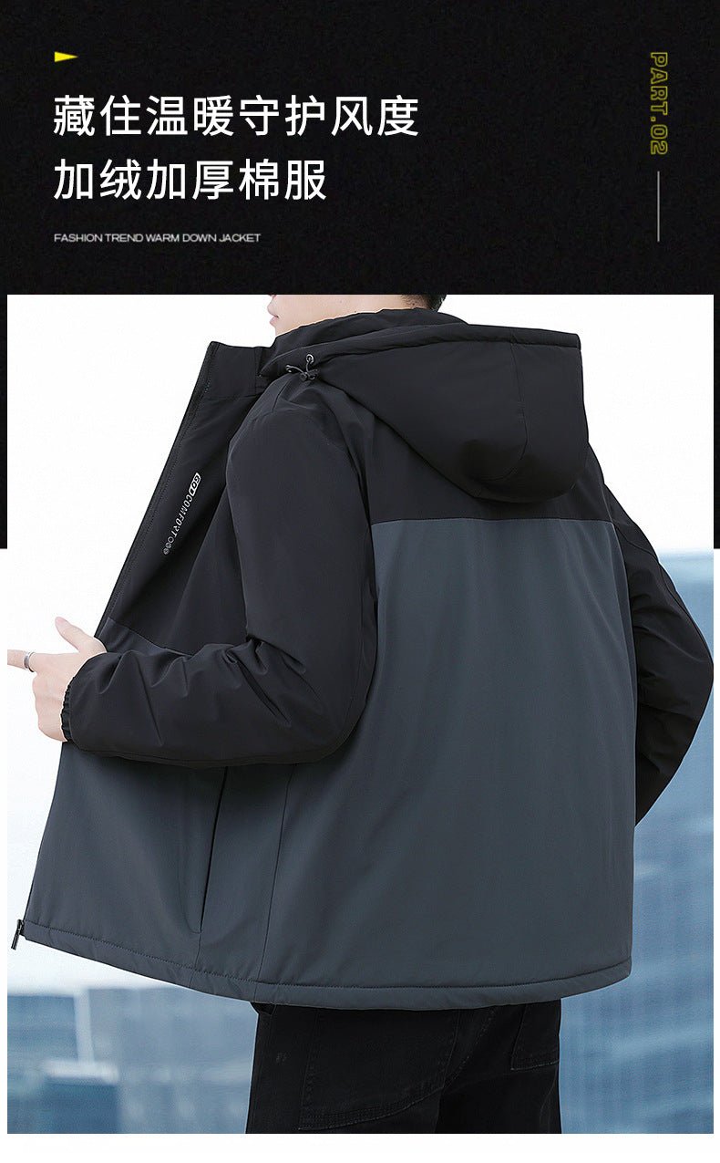 2024 Autumn and Winter New Cross-Border Men's Cotton Jacket Large Size Comfortable Fleece-Lined Warm Coat with Detachable Hood