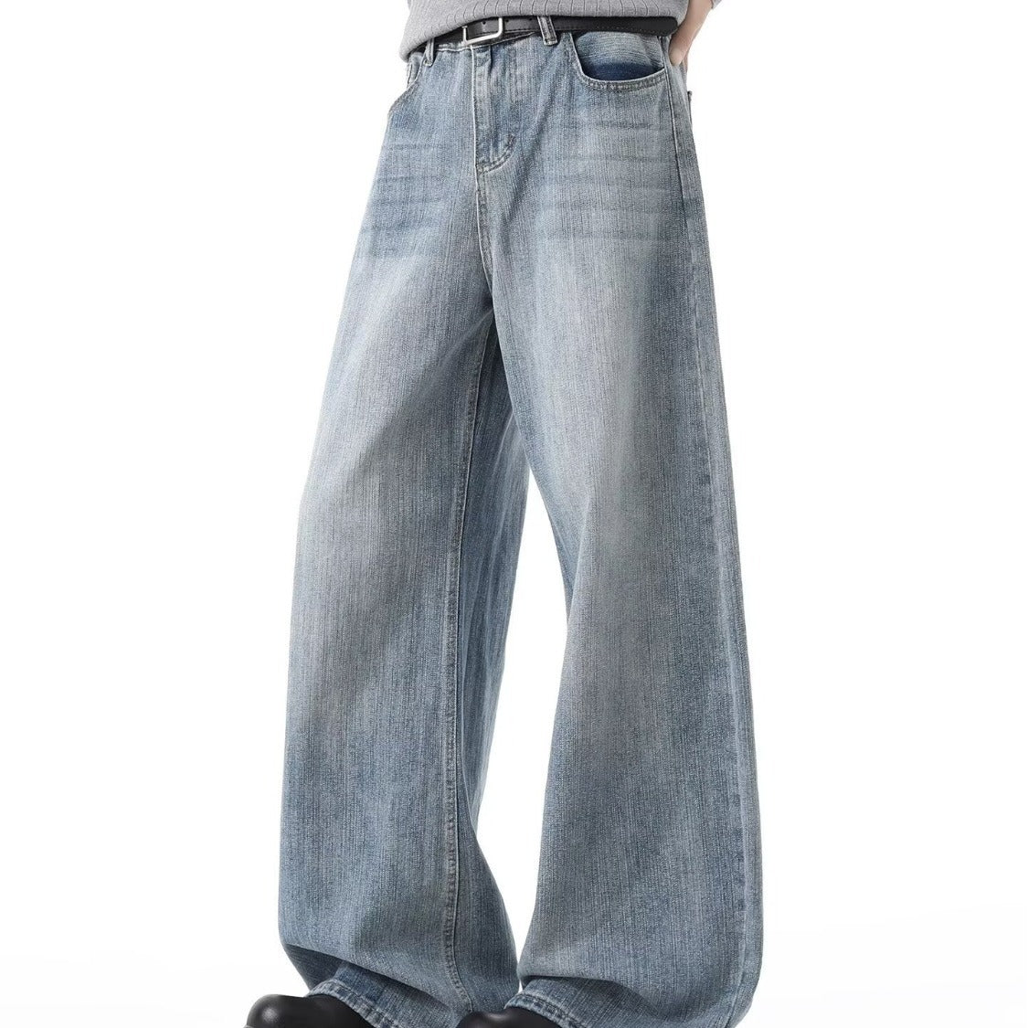 Spring and Autumn American Retro Blue Versatile Wide-Leg Men's Jeans, Stylish Hip-Hop Loose Petite Drape Straight Pants