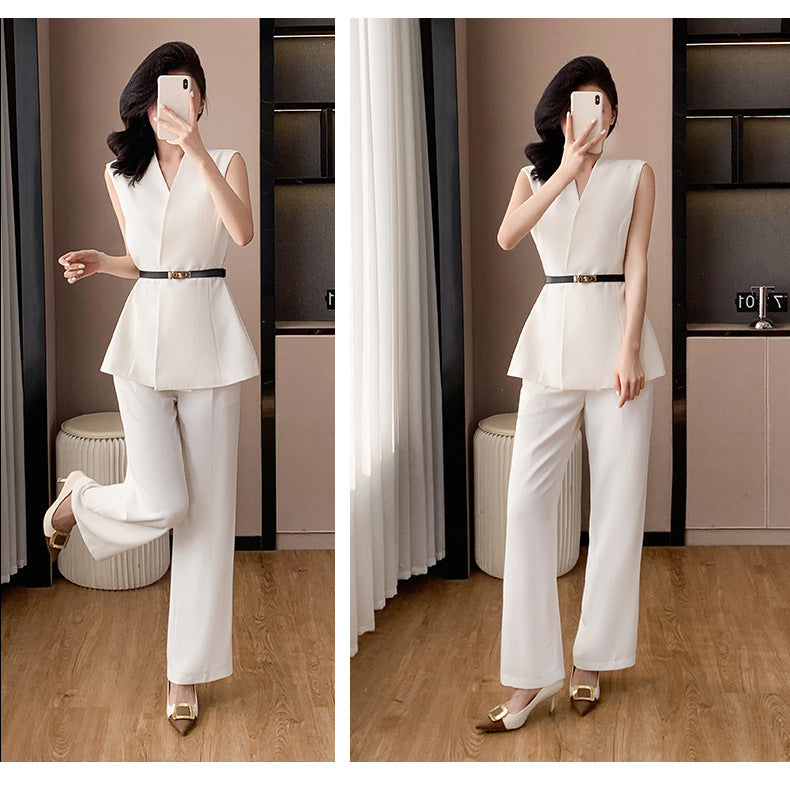 Fashion Casual suit 2025 New High-end Temperament Slimming Waist Sleeveless Jacket Straight Pants Two-piece Set