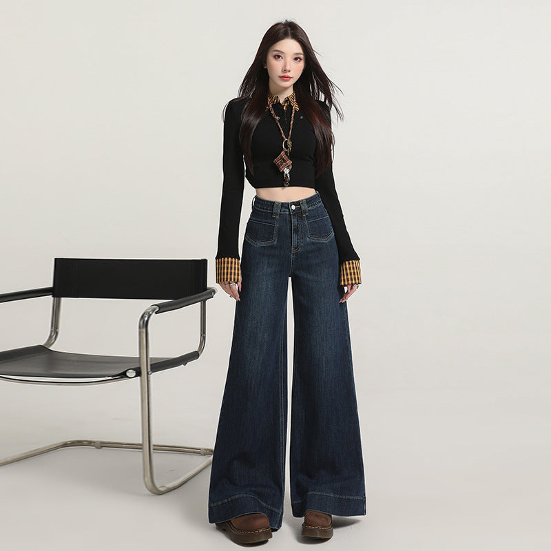 Retro American Style Denim Blue Flared Jeans for Women 2025 Autumn New Slimming Versatile Bootcut Pants