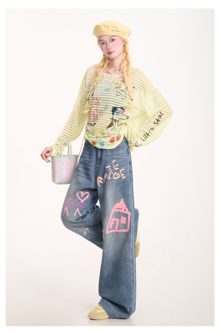 American Graffiti Print Jeans for Women, Trendy Retro Washed Straight Pants, Loose Casual Drape Versatile Casual Pants