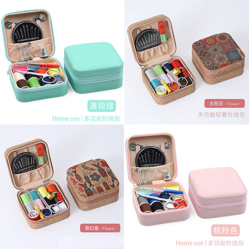 Retro Style Imitation Pu Leather Square Sewing Box Household Sewing and Mending Needle and Thread Set Portable Daily Essential Sewing Kit