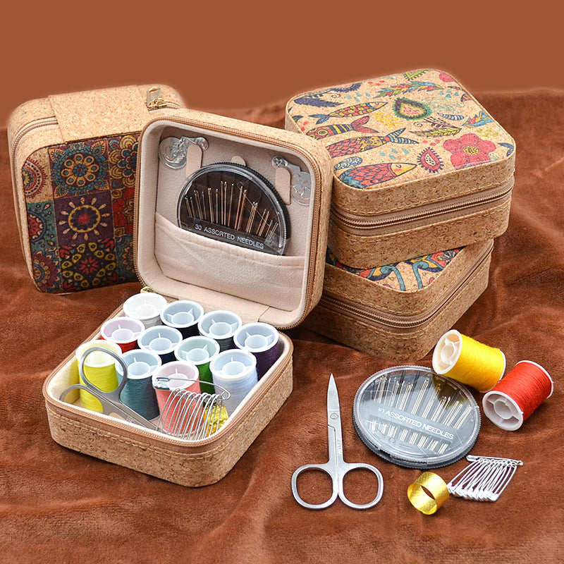 Retro Style Imitation Pu Leather Square Sewing Box Household Sewing and Mending Needle and Thread Set Portable Daily Essential Sewing Kit