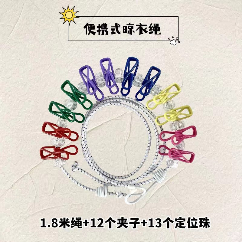 Creative Outdoor Elastic Windproof Clothesline with Positioning Buckle Korean Style Clothesline with Windproof Clip 12 Clips
