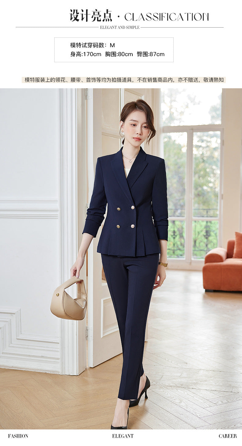 Cross-Border High-End Professional Women's Navy Blue Suit, New Spring and Autumn Style, Elegant Suit Set, Formal Attire for Hotel Sales Managers