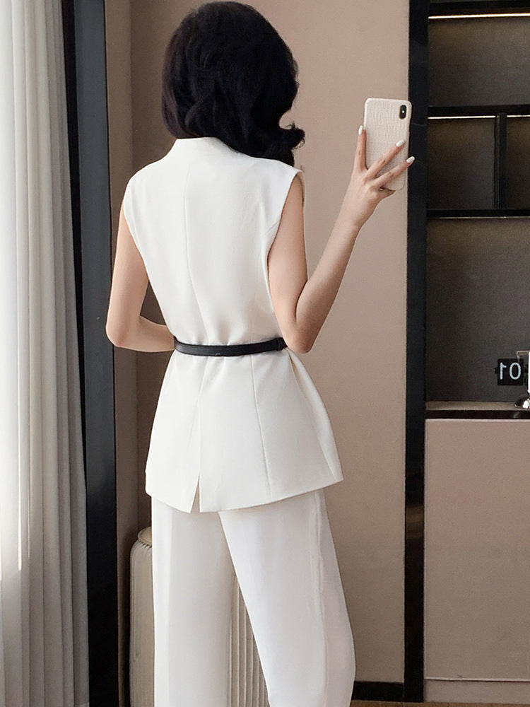 Fashion Casual suit 2025 New High-end Temperament Slimming Waist Sleeveless Jacket Straight Pants Two-piece Set