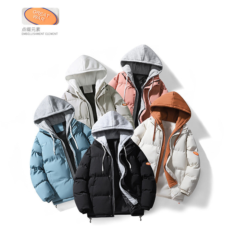 Autumn and Winter New Style Fake Two-Piece Cotton Jacket for Men, High-Quality Puffer Jacket, Couple's Style, Thickened and Warm Hooded Cotton Coat