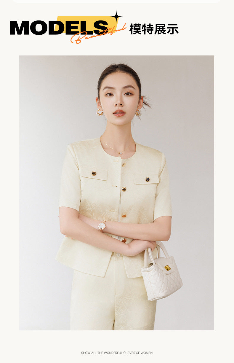 Summer Suit for Women, Thin, High-End, Professional, Fashionable, Short-Sleeved Suit, Wide-Leg Pants Two-Piece Set